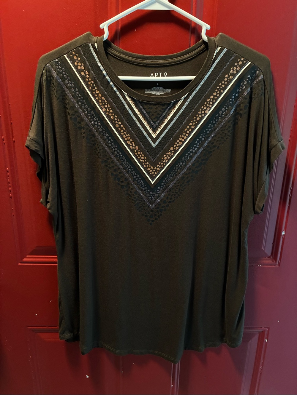 Apt. 9 Olive Green Short-Sleeve Top with Embellished V-Neck